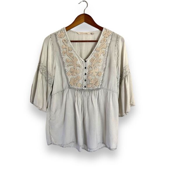 Soft Surroundings Tops - Soft Surroundings Sofia Embroidered Tunic Top Blouse Sz S Blue Flare 3/4 Sleeves